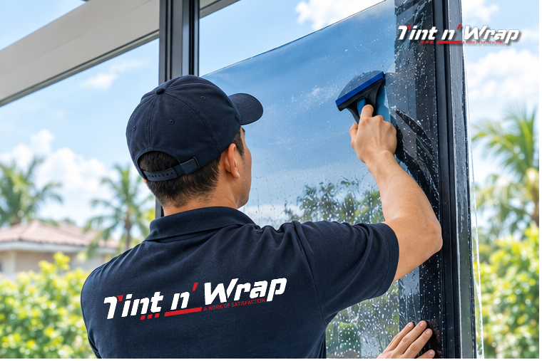 Professional solar window film installation on residential glass