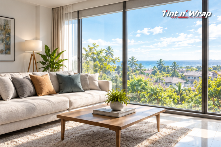 Bright living room with large windows and natural daylight